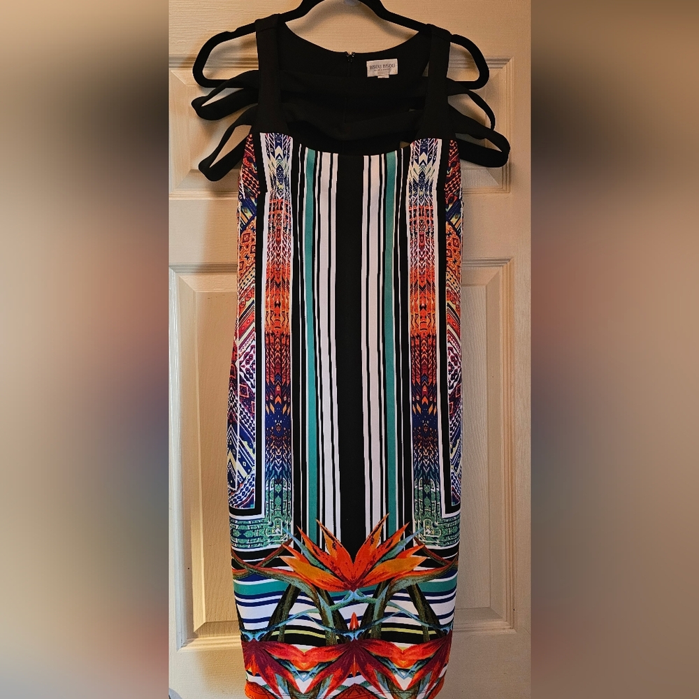 Bisou Bisou Black Strappy Mini Dress with Multicolor Floral Stripe Print